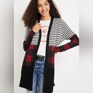 Striped and Plaid Open Front Cardigan